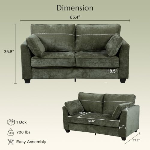 65.4" Loveseat Sofa, Chenille Love Seat with 2 Pillows, Green | Easy Assembly, Pocket Spring Cushions, Comfy Modern Small Couch for Living Room, Bedroom, Apartment, Office - color: Green, size: 65.4" Loveseat Sofa