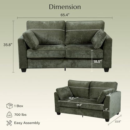 65.4" Loveseat Sofa, Chenille Love Seat with 2 Pillows, Green | Easy Assembly, Pocket Spring Cushions, Comfy Modern Small Couch for Living Room, Bedroom, Apartment, Office - color: Green, size: 65.4" Loveseat Sofa