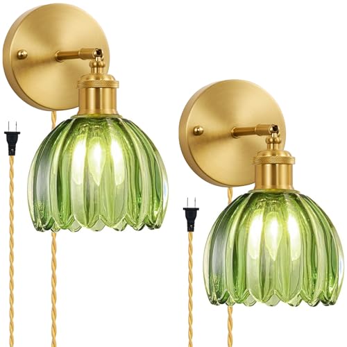 Glass Plug in Wall Sconces Set of 2, Vintage Wall Lamp with Plug in Cord Green Tulip Shade Decor Indoor, Gold Wall Light for Bedroom Bedside Kids Living Room Bathroom - color: Green