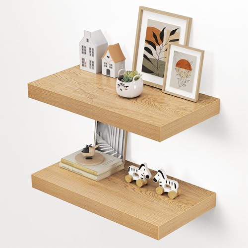 Dreamland 24" Floating Shelves for Wall, 12" Deep Thicker Oak Floating Shelves, Wall-Mounted Shelves for Bedroom, Living Room, Kitchen, Bathroom - Set of 2 - color: Oak, size: 24"W x 12"D x 2"H, Set of 2
