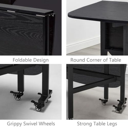 Multifunction Table Drop Leaf Dining Table - 47" Wooden Foldable Kitchen Table with 6 Wheels (Black) - color: Black