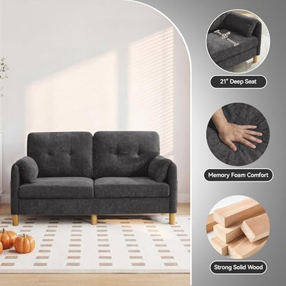 Mid Century Modern Couch, 65" Loveseat Sofa, Dark Grey | Storage Pockets, Upholstered Small Loveseat for Small Spaces, Bedroom, Home Office, Apartments - color: Dark Grey
