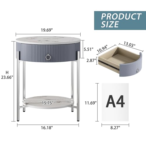 OIOG Nightstand with Drawer and Shelf, Marbling Natural Stone/Silver | Round Modern Side Table, Storage, Shelf, Chrome Finish Metal Legs, 2 Tier End Table, For Living Room, Bedroom, Office - color: Silver
