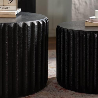 46.46'' White Round Coffee Table Set of 2, Modern Circle Fluted Drum Nesting Elegnant Coffee Table for Living Room, No Assembly, Black - color: M5-46.46in-black
