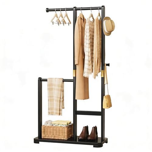 Solid Wood Coat Rack, Freestanding Standing Clothes Rack with Double Hanging Rods for Coats, Jackets, Wooden Coat Tree Garment Rack for Bedroom Entryway Hallway, Space Saving Small Coat Rack - color: Black