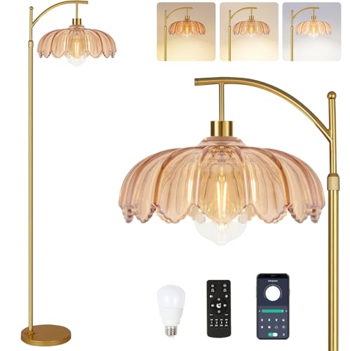QIYIZM Glass Floor Lamp for Living Room,Bedroom,Gold Dimmable Standing Lamp with Remote,Mid Century Modern Brass Tall Lamp Boho Floor Lamps Arc Stained Flower Floor Light Lamp Bohemian - size: 35-Floor Lamp