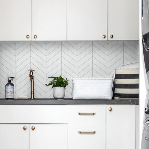 STICKGOO Herringbone Peel and Stick Backsplash, White/Grey Grout, 10 Sheets | 12.6 x 9.7 in, Thicker Rectangular Vinyl Stick-On Wall Tiles, Easy Alignment, Waterproof, Easy to Clean, Kitchen/Bathroom - color: White With Grey Grout, size: Pack of 10
