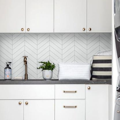 STICKGOO Herringbone Peel and Stick Backsplash, White/Grey Grout, 10 Sheets | 12.6 x 9.7 in, Thicker Rectangular Vinyl Stick-On Wall Tiles, Easy Alignment, Waterproof, Easy to Clean, Kitchen/Bathroom - color: White With Grey Grout, size: Pack of 10