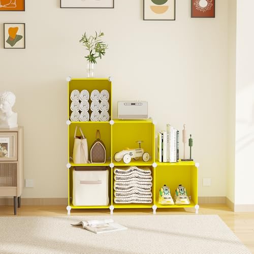 AWTATOS Cube Storage Organizer, 6 Cube Closet Storage Shelves, Yellow | Stackable Storage Cubes Shelf Bookshelf, DIY Portable Closet Organizer, Plastic Clothes Shelving for Bedroom, Home - color: Yellow