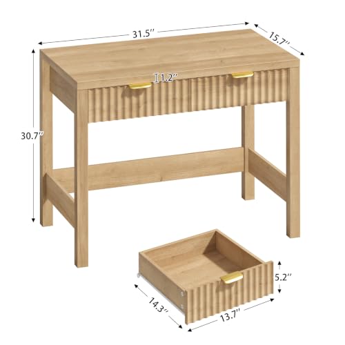 32 Inch Small Fluted Computer Desk with 2 Drawers for Bedroom, Home Office | Small Wooden Computer Desk with Storage, Compact Writing Study Vanity Desk for Small Spaces, Oak - color: Oak, size: 32-Inch Desk