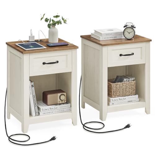 VASAGLE Farmhouse Nightstands with Charging Station, 1 Drawer, Set of 2 | Bedside Table, Side Table with Open Compartment, for Bedroom, Rustic White and Honey Brown, LIRY Collection ULET859K41 - color: Rustic White + Honey Brown, size: 2 PACK, style: 17.7