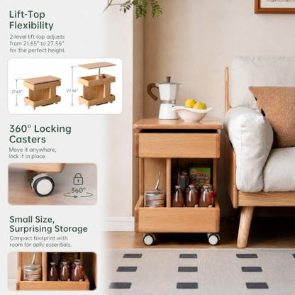 Small Lift Top Coffee Table with Wheels, Solid Wood Table with Storage | Lift top coffee table with hidden storage, rotating tabletop and wheels, designed for small spaces with no assembly required. - color: Natural