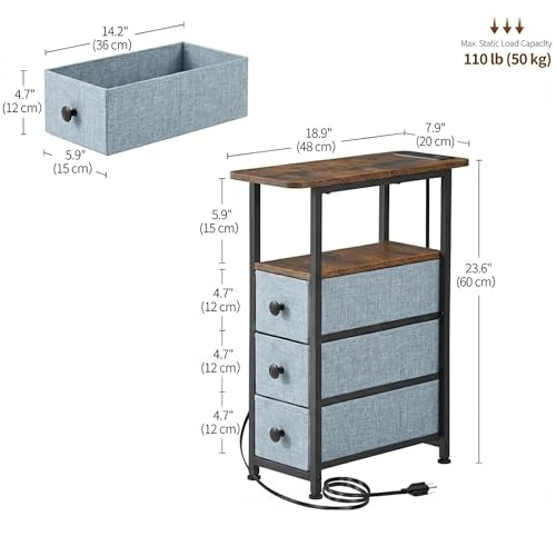 Narrow End Table with Charging Station, Narrow Side Table with Drawer, Small Nightstand with LED Light, Skinny Nightstand, Small Bedside Table for Living Room, Grey - color: Grey, size: 7.9" W x 18.9" D, style: Power + Light
