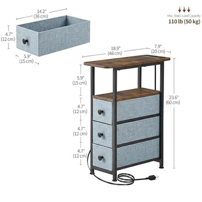 Narrow End Table with Charging Station, Narrow Side Table with Drawer, Small Nightstand with LED Light, Skinny Nightstand, Small Bedside Table for Living Room, Grey - color: Grey, size: 7.9" W x 18.9" D, style: Power + Light
