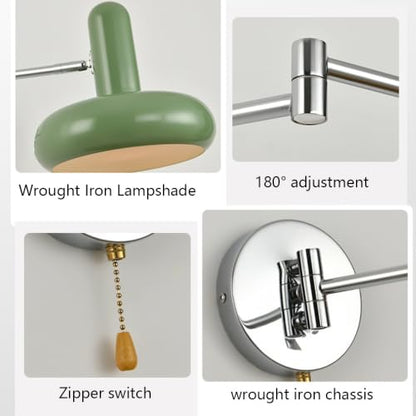 Wrought Iron Swing Arm Wall Sconce Mid Century Modern Wall Light with Pull Chain Switch 180 Degree Adjustable Bedside Reading Lamp for Bedroom Study E26 Base(Green) - color: Green