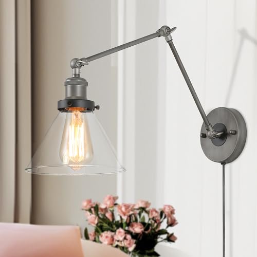 Black Glass Wall Sconces Lighting, Modern Industrial Swing Arm Plug in or Hardwired Adjustable Wall Lamp with Brushed Silver Finish for Bedroom, Kitchen, and Living Room - color: Black Silver Brushed, size: 7.4" x 8.7"