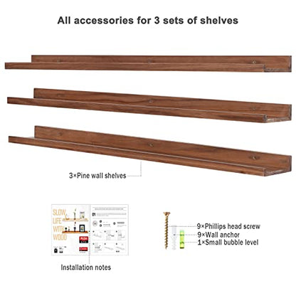 AZSKY 48 Inch Long Floating Shelves Wall Mounted Light Walnut Narrow Photo Picture Ledge Shelves Set of 3 Nursery Book Shelves Photo Frames Display Shelves Kitchen Spice Rack - color: Light Walnut, size: 48in set 3