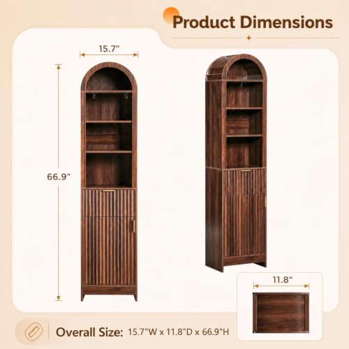 VINGLI Tall Bathroom Storage Cabinet, 66.9" Freestanding Narrow Linen Cabinet with Arched Open Shelves, Drawer & Door, Slim Skinny Wood Cabinet for Bathroom, Living Room, Entryway, Dark Walnut - color: Dark Walnut, size: 67"H Arched Narrow Cabinet
