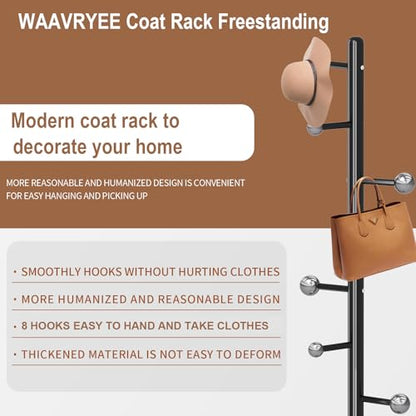 Coat Rack Stand, Black Metal Coat Rack Freestanding with 8 Hooks - color: Black-8 Ball Hooks