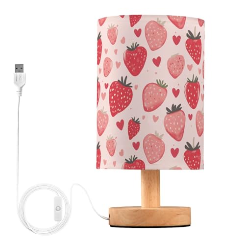Watercolor Hand Draw Strawberries and Hearts Doodle Bedside Table Lamps with USB Port for Bedroom Lamp Table Lamp Small Nightstand Lamp Linen Shade Decorative Lamps for Home Room Kids Reading Nursery - color: Pink Strawberries