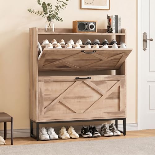 Shoe Cabinet Storage for Entryway, Slim Shoe Storage Cabient with 2 Flip Drawers, Narrow Vertical Shoe Rack Cabinet with Metal Hooks, Small Space Solution for Hallway, Oak - color: Oak