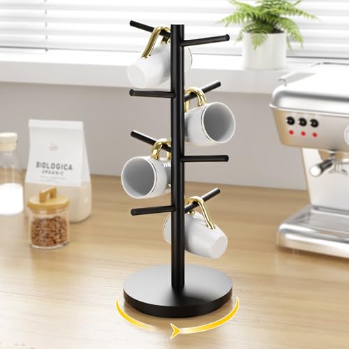Wisuce Coffee Mug Holder Tree Upgraded 360Rotated Cup Holder for Counter Black Wood Cup Tree Mug Rack Organizer Stand with 8 Hooks for Kitchen Coffee Bar Accessories - color: Black (8 Hooks Rotated)