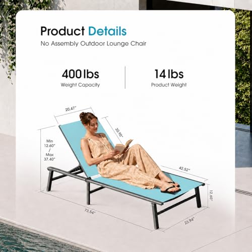 Foldable Outdoor Lounge Chair, No Assembly Patio Chaise Lounge Outdoor with 5-Positions, Aluminum Pool Lounge Chair with Portable Design for Pool, Beach, Deck, Backyard, Lake Blue - color: Lake Blue-upgraded, size: 1 Pack