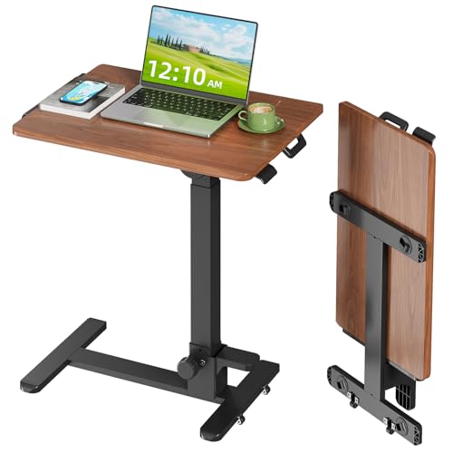 27" Foldable Standing Desk, No-Assembly Needed, Dark Wood | Height Adjustable Portable Mobile Desk with 90° Tiltable Desktop for Storage, End Table for Couch on Wheels - color: Dark Wood