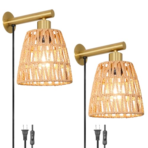 Boho Plug in Wall Sconce Set of 2, Gold Plug Sconces Set of 2, Rattan Sconce Light Fixture with 5.9FT On/Off Switch Cord, Farmhouse Wall Mounted Light for Bedroom Living Room Reading Hallway - color: Gold, size: 6.3in plug-in