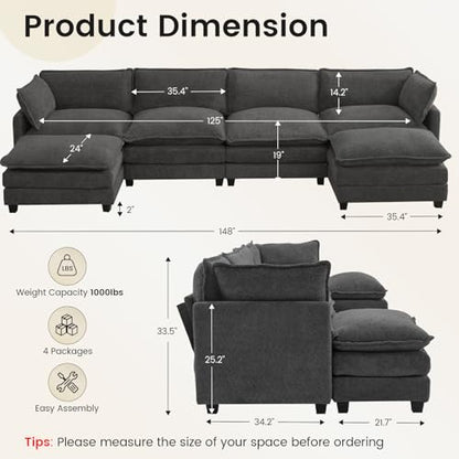 ROWHY Oversized Modular Sectional Couch with 2 Movable Ottoman, 148" Modern Convertible U Shaped Sofa Set, 4 Seat Comfy Cloud Couch with 2 Throw Pillows, for Living Room, Chenille, Charcoal Grey - color: Chenille Dark Grey, size: 6 Seats U-Shaped