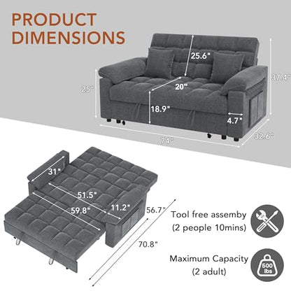 Vipbear Sleeper Sofa Bed, 70" Pull Out Futon Couch with Small Table| USB Port | Side Pockets | Tool-Free Assembly | Adjustable Backrest for Apartment, Office, Guest Room, Chenille Gray - color: Grey
