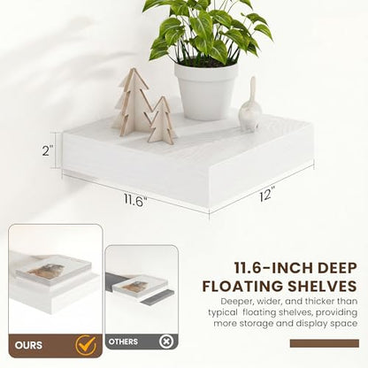 12 Inch Deep Floating Shelves, 12'' x 12'' White Shelves Set of 2 | Invisible Brackets, Engineered Wood, Mounting Hardware Included, 30LBS, Bathroom, Laundry Room, Kitchen, Living Room - color: White, size: 12W x 11.6D x 2H, 2 Pack