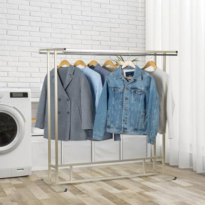 MyGift 4ft Tall Brass Tone Stainless Steel Freestanding Garment Rack, Heavy Duty Double Rod Clothes Closet Stand, Coat Dress Clothing Storage Display Shelf - color: Brass