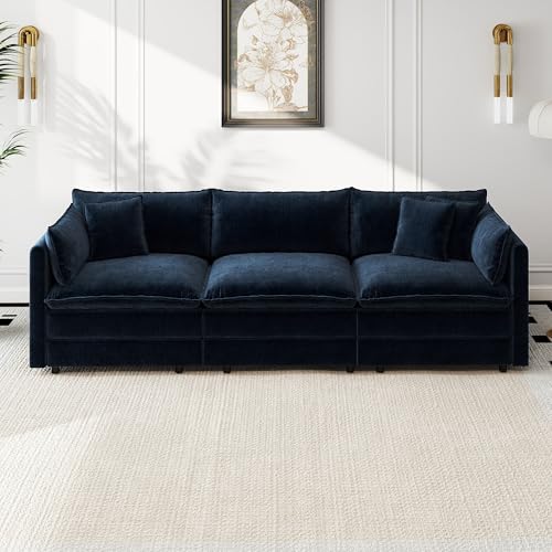 Aoowow Modular Sectional Sofa,112.2 Inch Deep 3-Seater Sofas Comfy Chenille Cloud Sofas and Couches with Pillows for Living Room Apartment（Blue） - color: Blue, size: 3 Seat