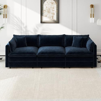 Aoowow Modular Sectional Sofa,112.2 Inch Deep 3-Seater Sofas Comfy Chenille Cloud Sofas and Couches with Pillows for Living Room Apartment（Blue） - color: Blue, size: 3 Seat
