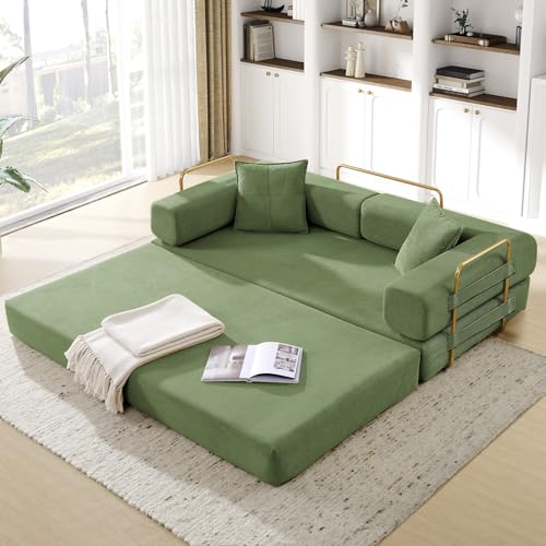 Convertible Folding Sofa Bed, Corduroy Sleeper Mattress Couch with Fixed-Shape Frame, Free Combination Loveseat Lounge Floor Sofa, Queen Size Memory Foam Couch for Living Room, Bedroom, Dark Green - color: Dark Green