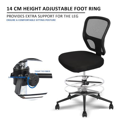 Armless Drafting Chair Tall Office Chair Adjustable Height High Back Ergonomic Desk Chair Drafting Stool Rolling Bar Stools Chairs with Footrest and Wheels - color: Black