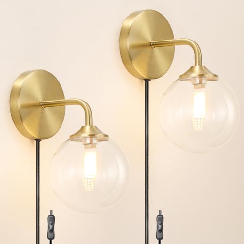 Gold Plug in Wall Sconces Set of 2, Mid Century Plug Sconce with Clear Globe Glass Lampshade, Brushed Art Deco Wall Light Fixture with Plug in Cord for Bedroom Living Room Hallway, G9 Bulbs - color: Gold+Clear