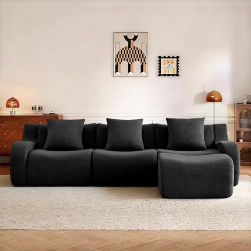 113.5” Sectional Boneless Sofa Couches, 3 Seater L-Shaped, Streamlined Design, No Assembly Modular Teddy Fabric Sofa for Living Room, Bedroom, Apartment, Home Office (Black) - color: Black02, size: 3Seat+1Ottoman