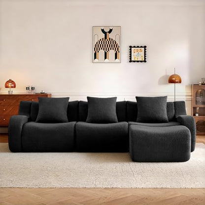 113.5” Sectional Boneless Sofa Couches, 3 Seater L-Shaped, Streamlined Design, No Assembly Modular Teddy Fabric Sofa for Living Room, Bedroom, Apartment, Home Office (Black) - color: Black02, size: 3Seat+1Ottoman