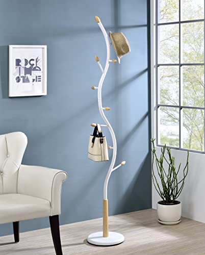 Roundhill Furniture Arles Metal Whtie and Oak Standing Coat Rack - color: White