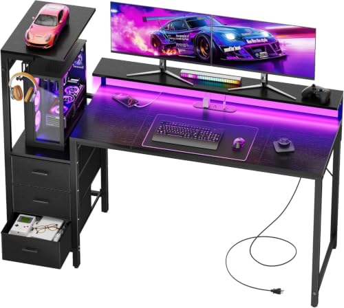 HLDIRECT 60 Inch Gaming Desk with Power Outlets & LED Lights, Black | Reversible gaming computer desk with built-in monitor stand, 3 fabric drawers & 4 side hooks, 2 AC outlets & 3 USB ports - color: Black, size: 60 inch