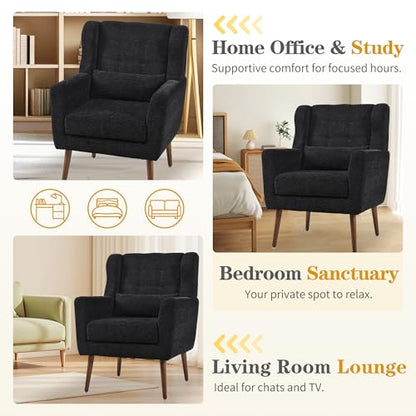 Accent Chair Set of 2, Upholstered Armchair with Pillow, Fabric Single Sofa Chair with Lounge Seat and Wood Legs Accent Chair for Living Room Small Spaces (Black, Set of 2) - color: Black, size: Set of 2