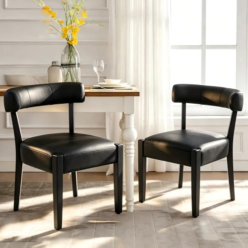 RNKSFX Black Dining Chairs Set of 2, Faux Leather Upholstered Kitchen & Dining Room Chairs, Mid Century Modern Wooden Dining Chairs Farmhouse Oversized Sturdy Rounded Chairs Curved Back - color: Black