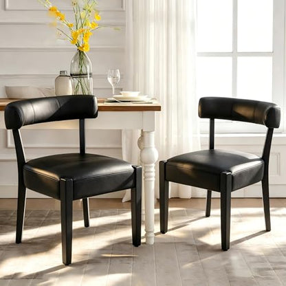 RNKSFX Black Dining Chairs Set of 2, Faux Leather Upholstered Kitchen & Dining Room Chairs, Mid Century Modern Wooden Dining Chairs Farmhouse Oversized Sturdy Rounded Chairs Curved Back - color: Black