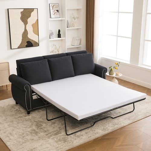 Queen Pull Out Sofa Bed, 81.5‘’ Large Convertible Sleeper Sofa, 3 Seater Loveseat Sofa-Bed with Queen Size Mattress for Living Room Small Spaces Apartment Studio, Dark Gray - color: Dark Gray, size: Convertible Sleeper Sofa Bed-3 seat