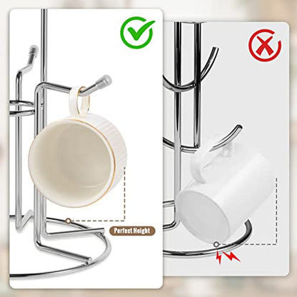 HULISEN Mug Tree for Large Cup, 6 Hook Countertop Coffee Mug Holder, Silver | Cup Rack for Counter, Stable Wide Base, Metal Stand for Kitchen Coffee Bar Display, Space-Saving, No Assembly Required - color: Silver