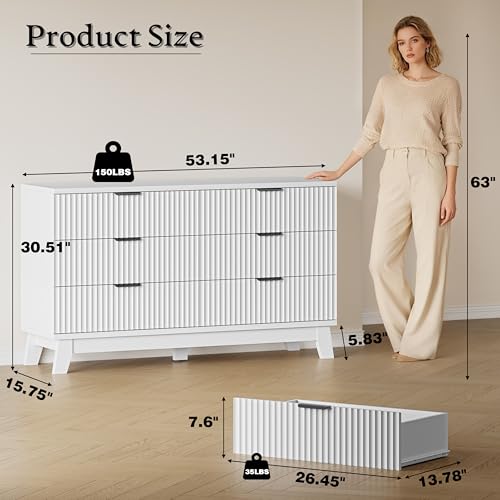 BORNOON 53" Long Dresser for Bedroom, 6-Drawer Dresser with Fluted Fronts, Wide Wood Chest of Drawers, Smooth Metal Slides, Stable Base, Modern Clothes Storage Cabinet for Living Room, Hallway - color: Pure White, size: XL 6-Drawer