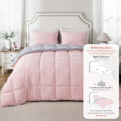 KASENTEX Twin/Twin XL Comforter Set – Reversible Dual Color – Goose Down Alternative – Ultra-Soft, Lightweight, Machine Washable, Maintain Fluffiness, All Season Warmth (Pink Potpourri/Quartz Silver) | 250 GSM Fill, Ultra-Soft, Lightweight, Machine Washab