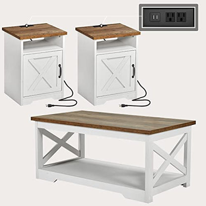 AMERLIFE 3 Piece Farmhouse Living Room Coffee Table Set, Distressed White | Coffee Table & 2 End Tables with Charging Station and USB Ports, Farmhouse Style, Barn Door Design, Living Room Furniture - color: Distressed White